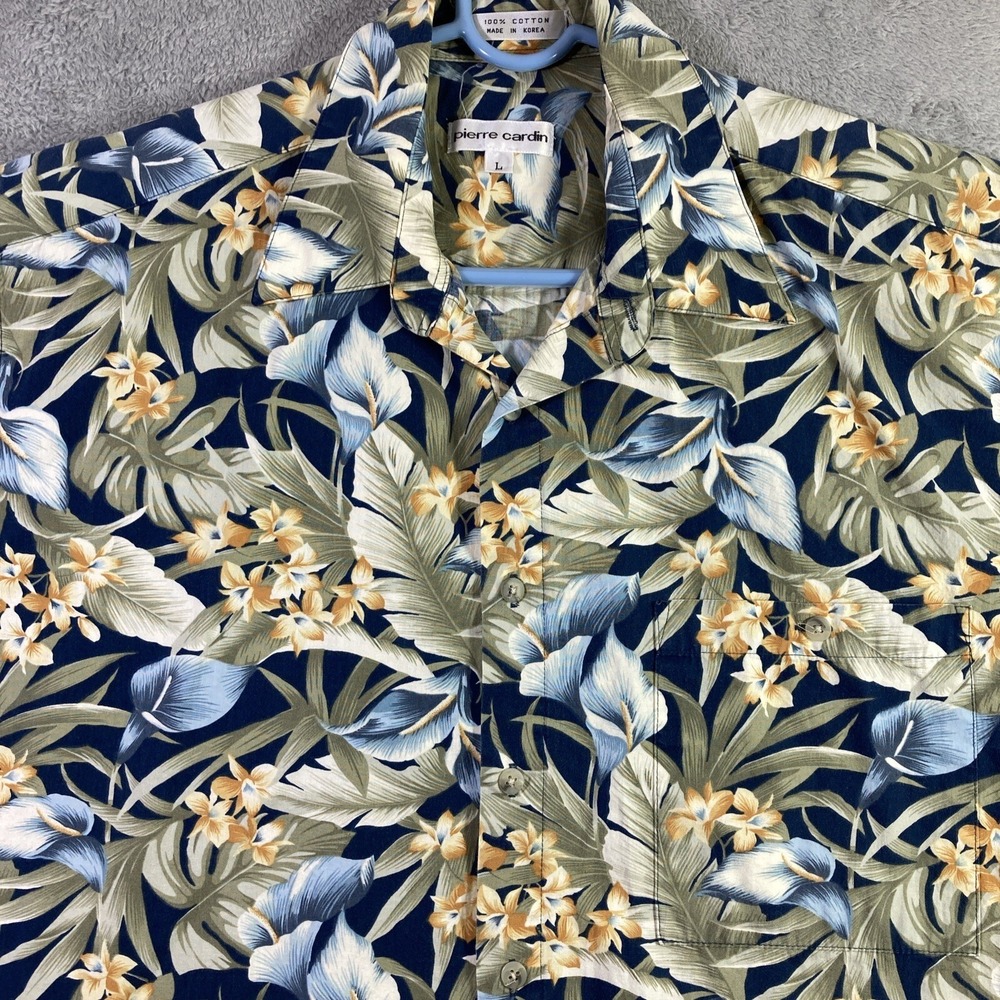 Vtg Pierre Cardin Hawaiian Shirt Men Large All Over Print Floral Button Up SS - Picture 2 of 16